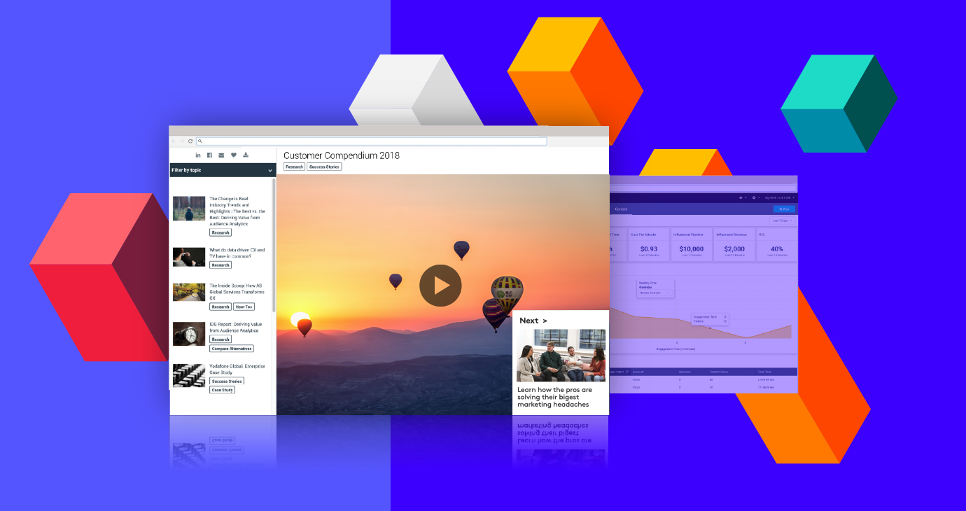 Decorative blocks on blue background with screen shots of PathFactory Campaign Tools and Path Analytics